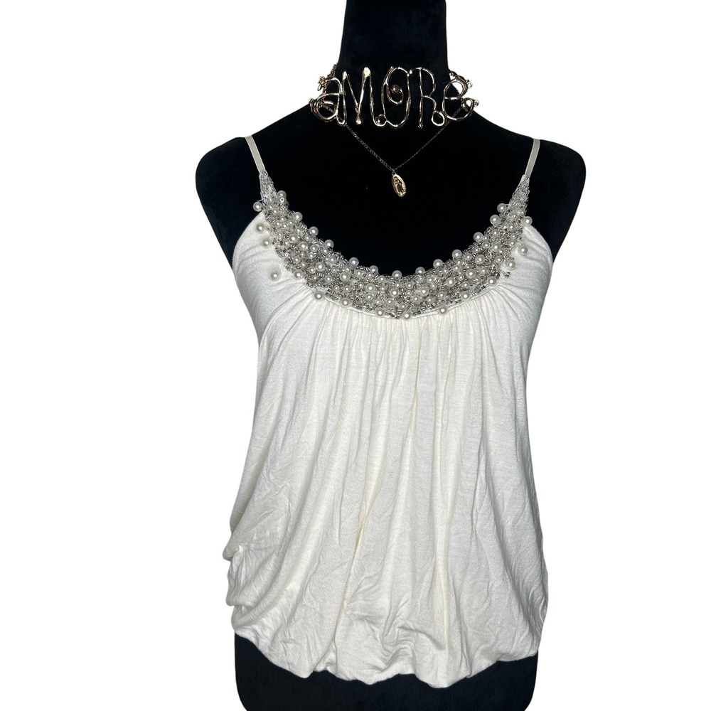 SIS SIS Cami‎ Top Sz S Ivory Rayon Pearl Beaded Neckline Rave Y2K Top Shirt